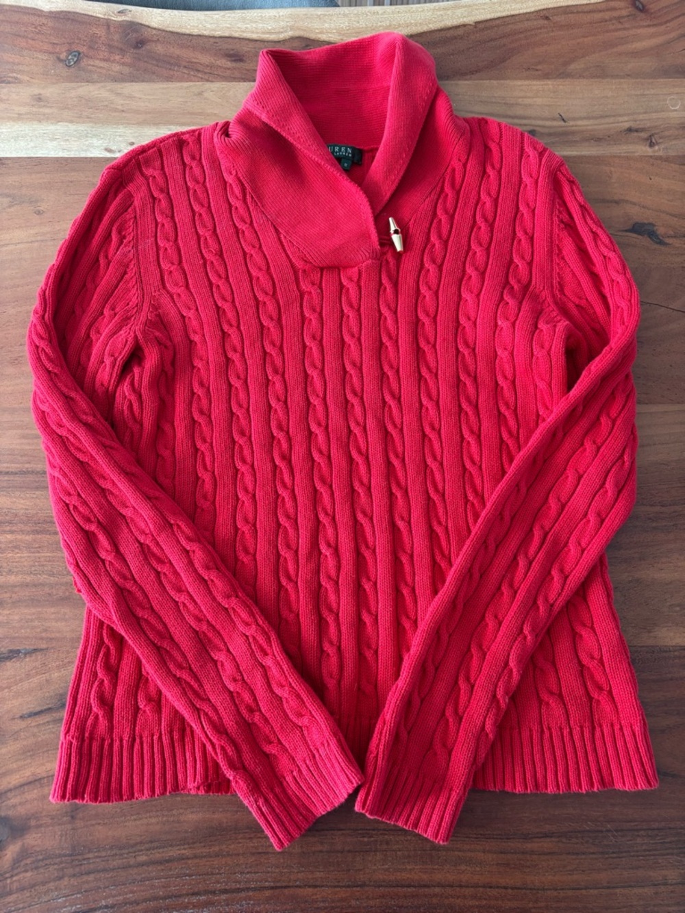 Lauren Ralph Lauren Red Cable Knit Shawl Collar Sweater with gold toggle